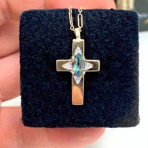 10k Solid Yellow Gold Genuine Mystic Topaz & Diamond Cross Necklace (15.5 inch)